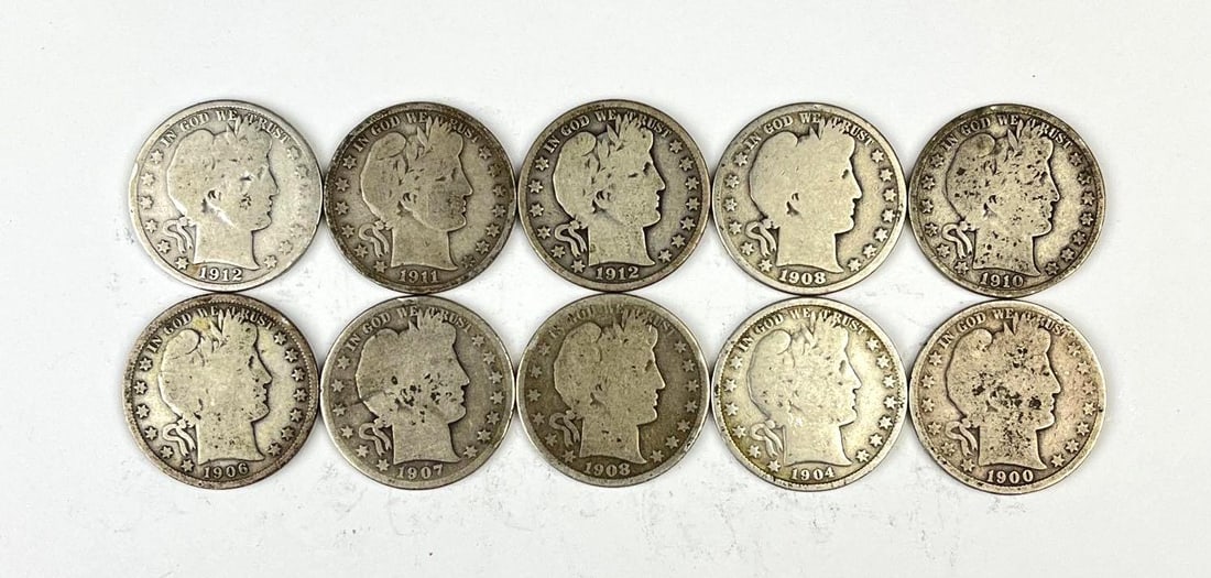 Group of 10 US Barber Silver Half Dollars: Includes years 1910, 1906, 1900 and more.