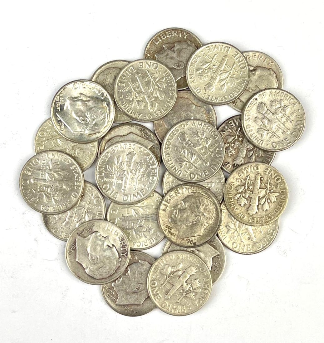 Group of 24 US Roosevelt Silver Dimes: Includes years 1964, 1947, 1946 and more.