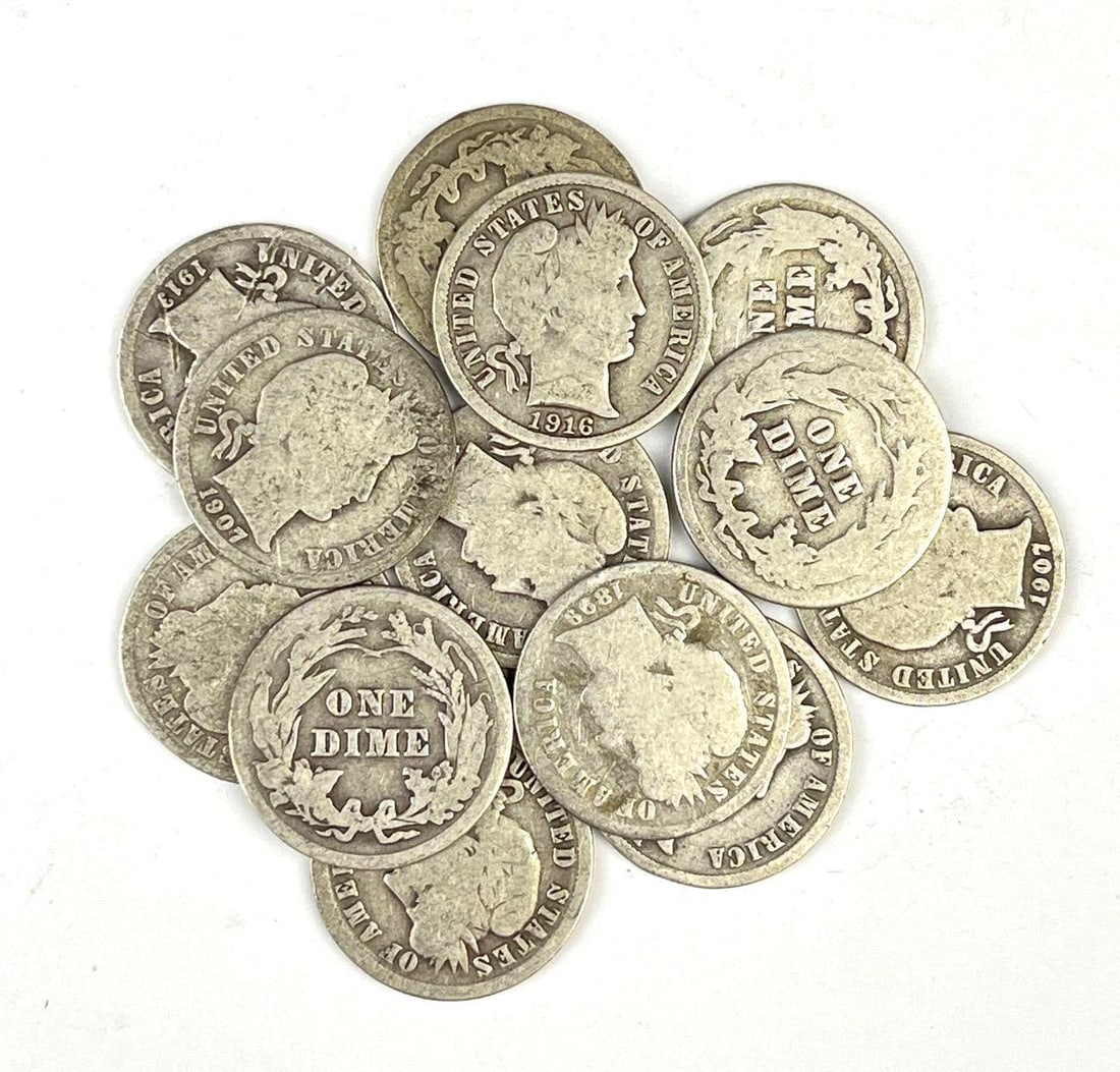 Group of 13 US Barber Silver Dimes: Includes years 1911, 1914, 1907 and more.