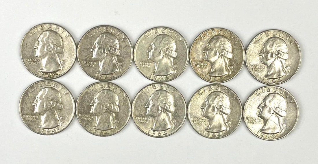 Group of 10 US 1964 Washington Silver Quarters (1 of 2)
