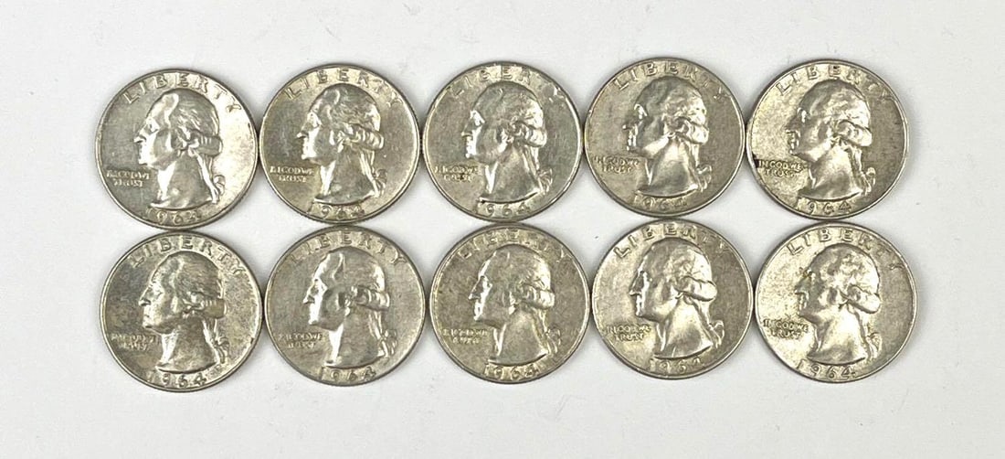 Group of 10 US 1964 Washington Silver Quarters (1 of 2)