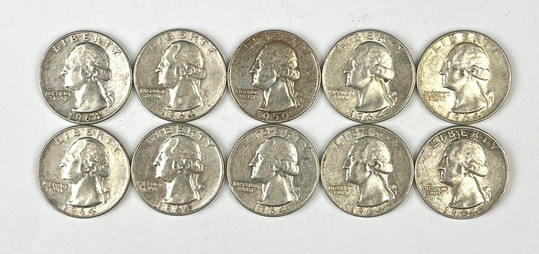 Group of 10 US Washington Silver Quarters: Includes years 1950 and 9 1964.
