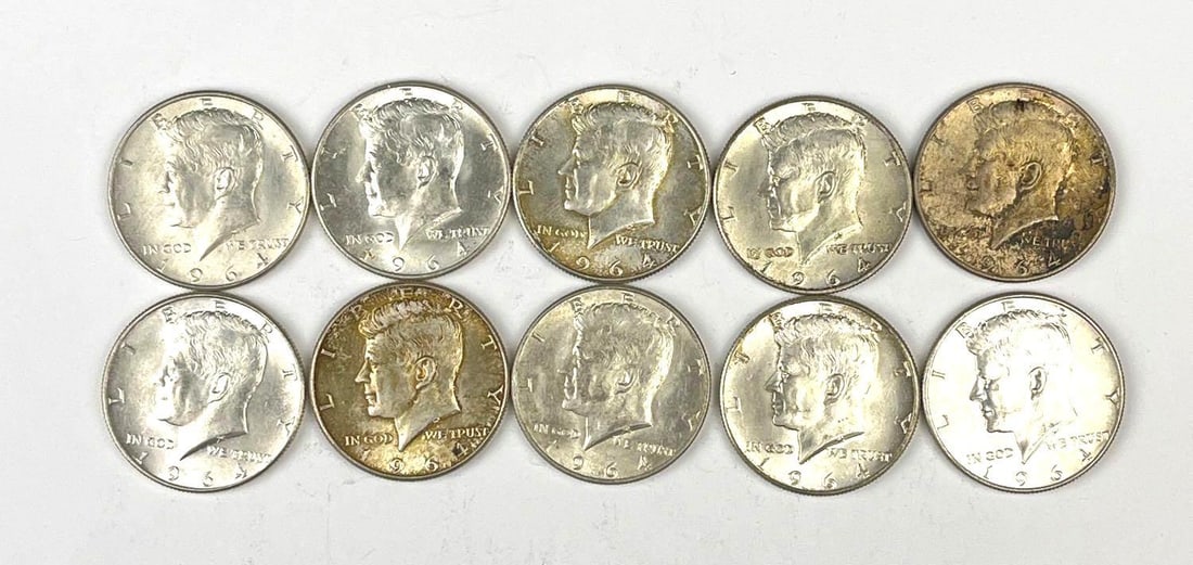 Group of 10 1964 US Kennedy 90 % Silver Half Dollars: Group of 10 1964 US Kennedy 90 % Silver Half Dollars