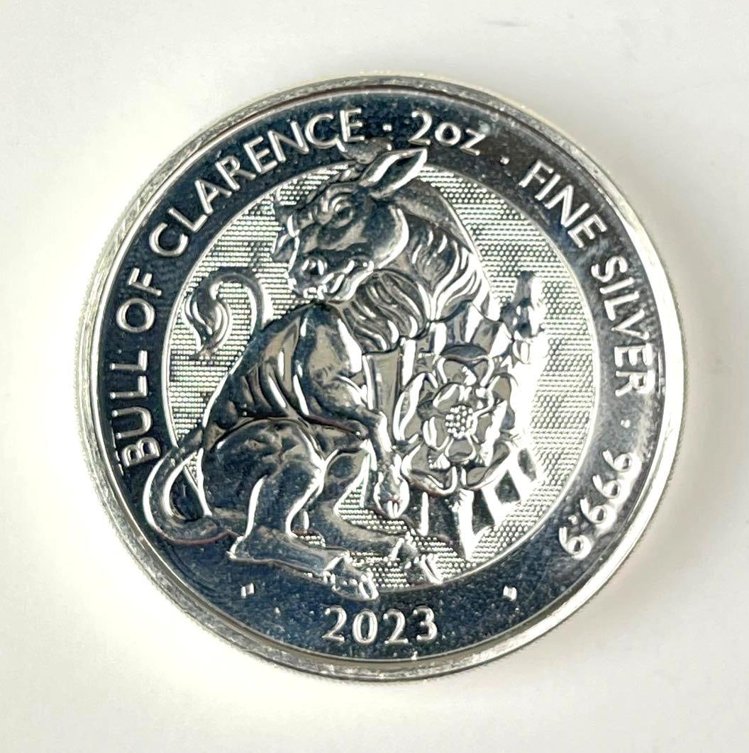 2023 Great Britain 5 Pound Bull of Clarence 2 oz 999.9 Fine Silver Coin (1 of 2)