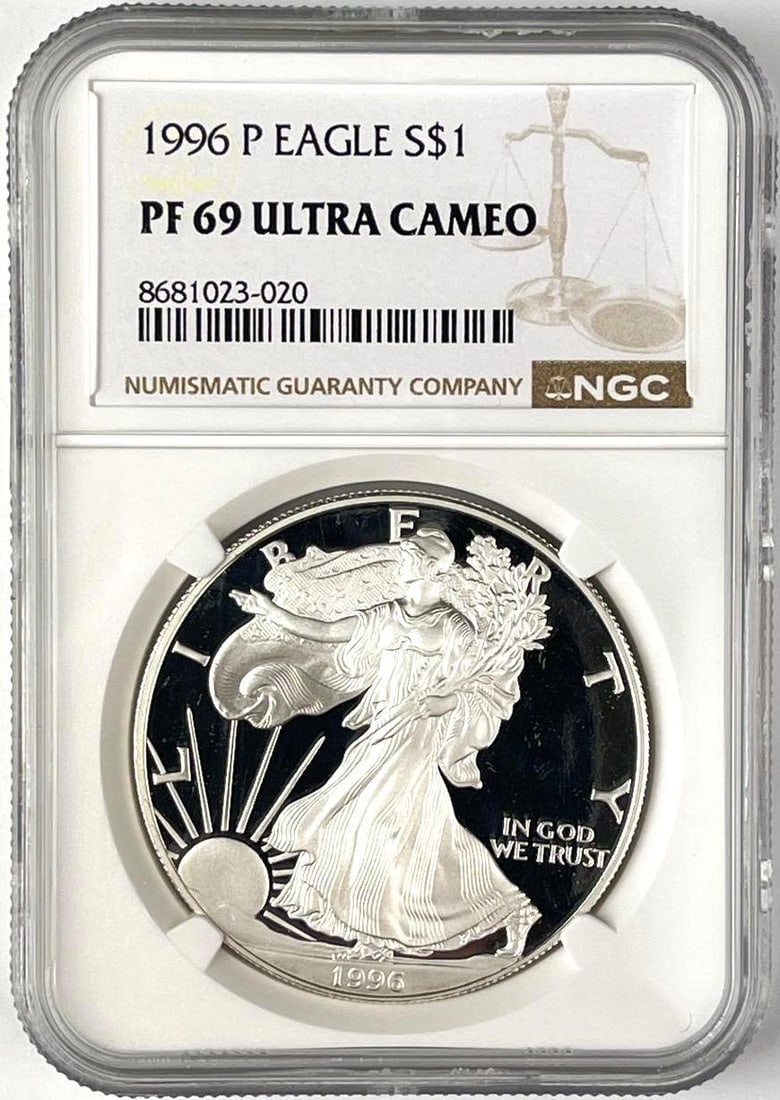 1996 P US $1 American Silver Eagle 1 oz Fine Silver NGC PF69 Ultra Cameo (1 of 2)