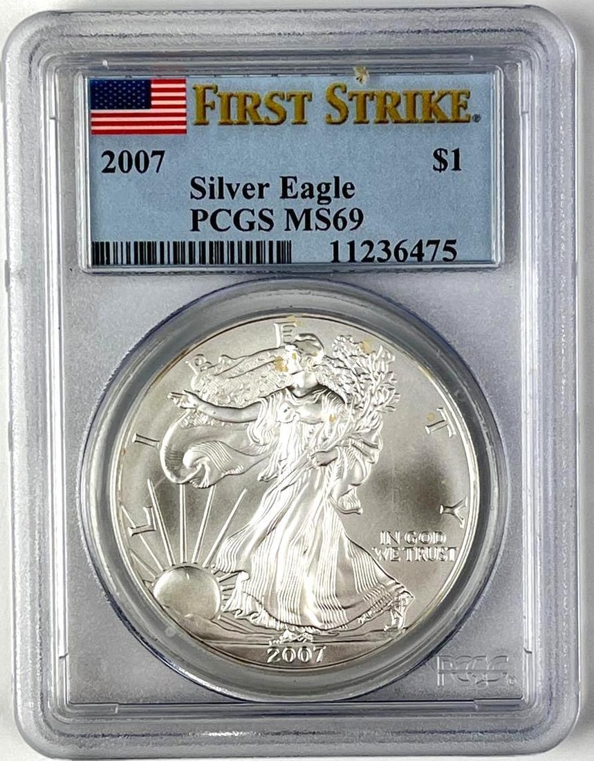 2007 US $1 American Silver Eagle 1 oz Fine Silver PCGS MS69: First Strike