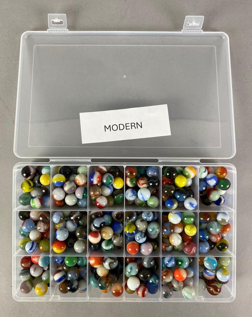 Group of Assorted Modern Glass Marbles: Case measures 7 inches H x 11 inches W x 2 inches D, largest marble measures .7 inches
