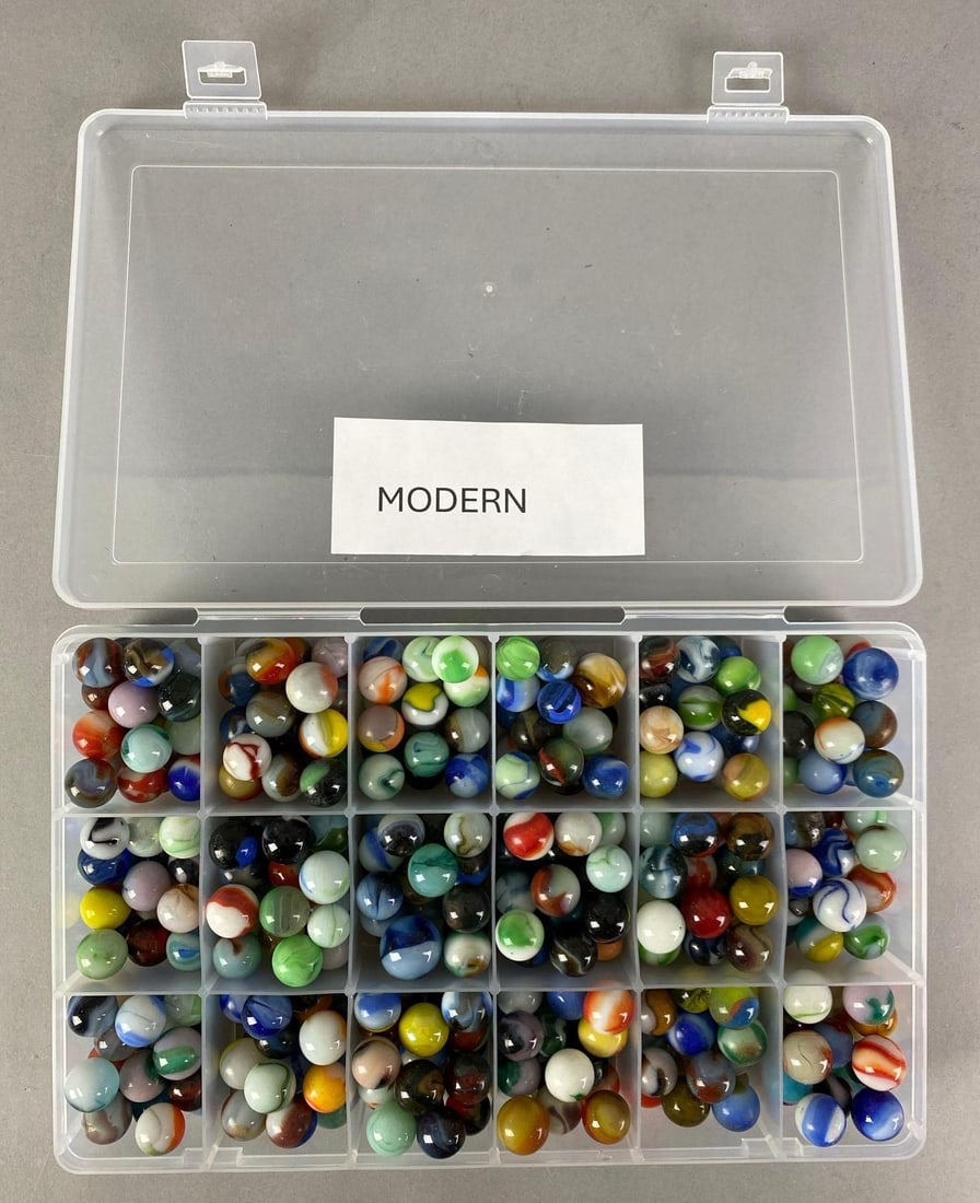 Group of Assorted Modern Marbles: Case measures 7 inches H x 11 inches W x 2 inches D, largest marble measures .7 inches