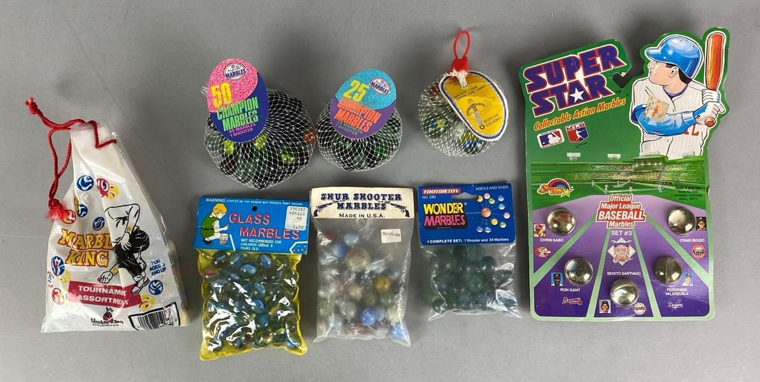 Group of Assorted Vintage Glass Marbles: Largest package measures 11 inches H x 7 inches W