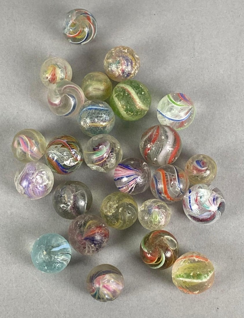 Group of 25+ Antique German Swirl Glass Marbles: played with, some damage, largest measures .8 inches