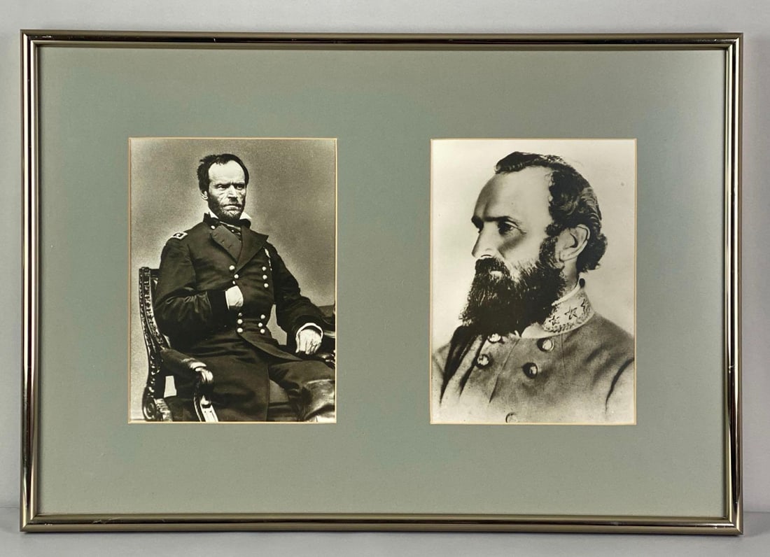 Framed Dual-Portrait of US Civil War Generals: features General William Tecumseh Sherman and General Thomas "Stonewall" Jackson, frame measures 18 inches H x 26 inches W