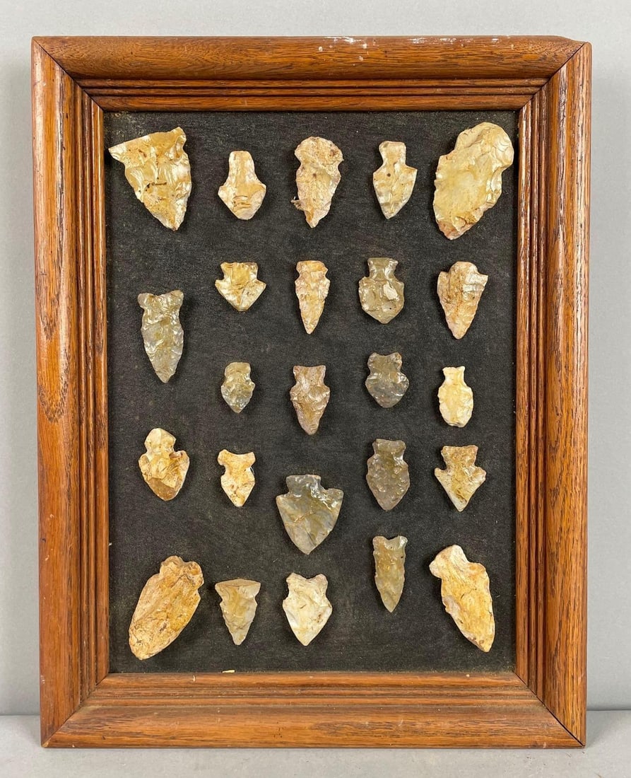 Group Display of Native American Arrowheads: Lacquered, longest measures 2 1/2", frame measures 14 3/4" x 11 1/2"
