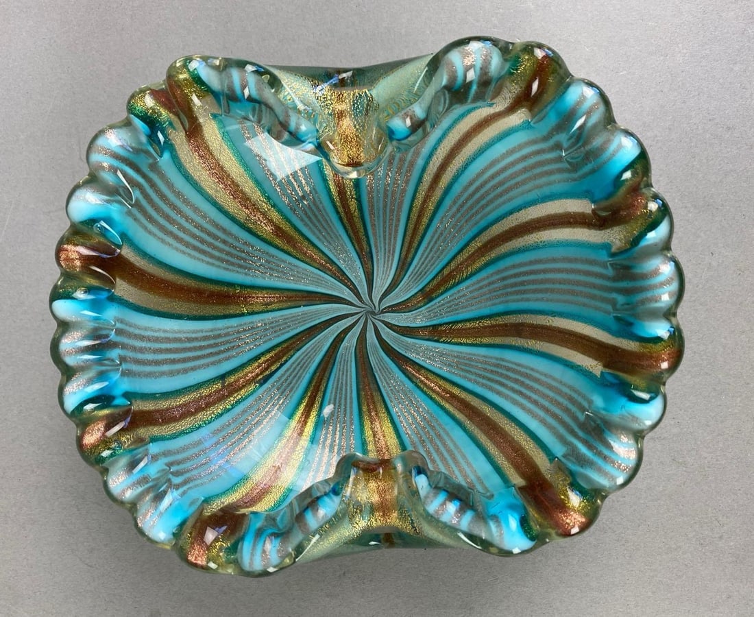 Vintage Blue Gold Fleck Art Glass Ashtray: Measures 2 inches H x 5 1/2 inches W x 6 1/2 inches D