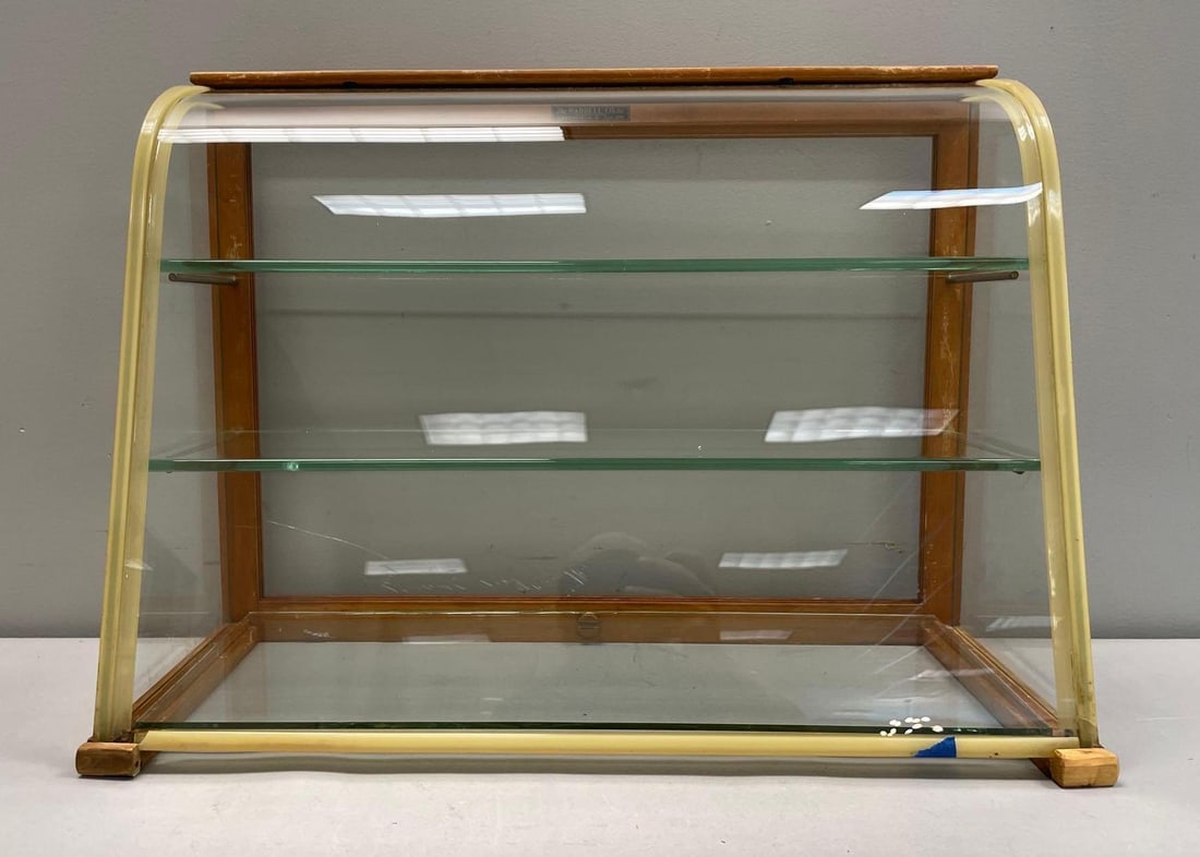 Antique Waddell Arched Glass Display Case: No inhouse shipping, 3rd party shipper required, missing doors, some chips, measures 19 x 25 1/2 x 11 inches