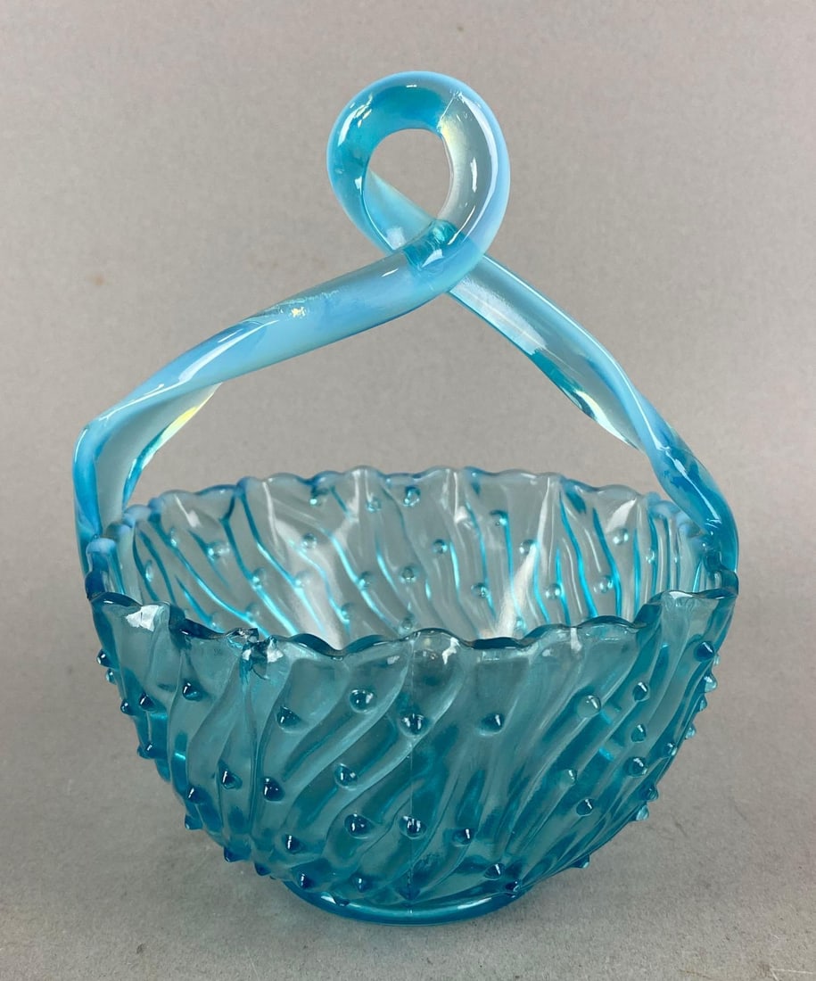 Jefferson Blue Opalescent Hob Nail May Basket: Does have a chip amd a crack. Measures H 6 3/4 x W 5 1/2 x D 5 1/2 inches.