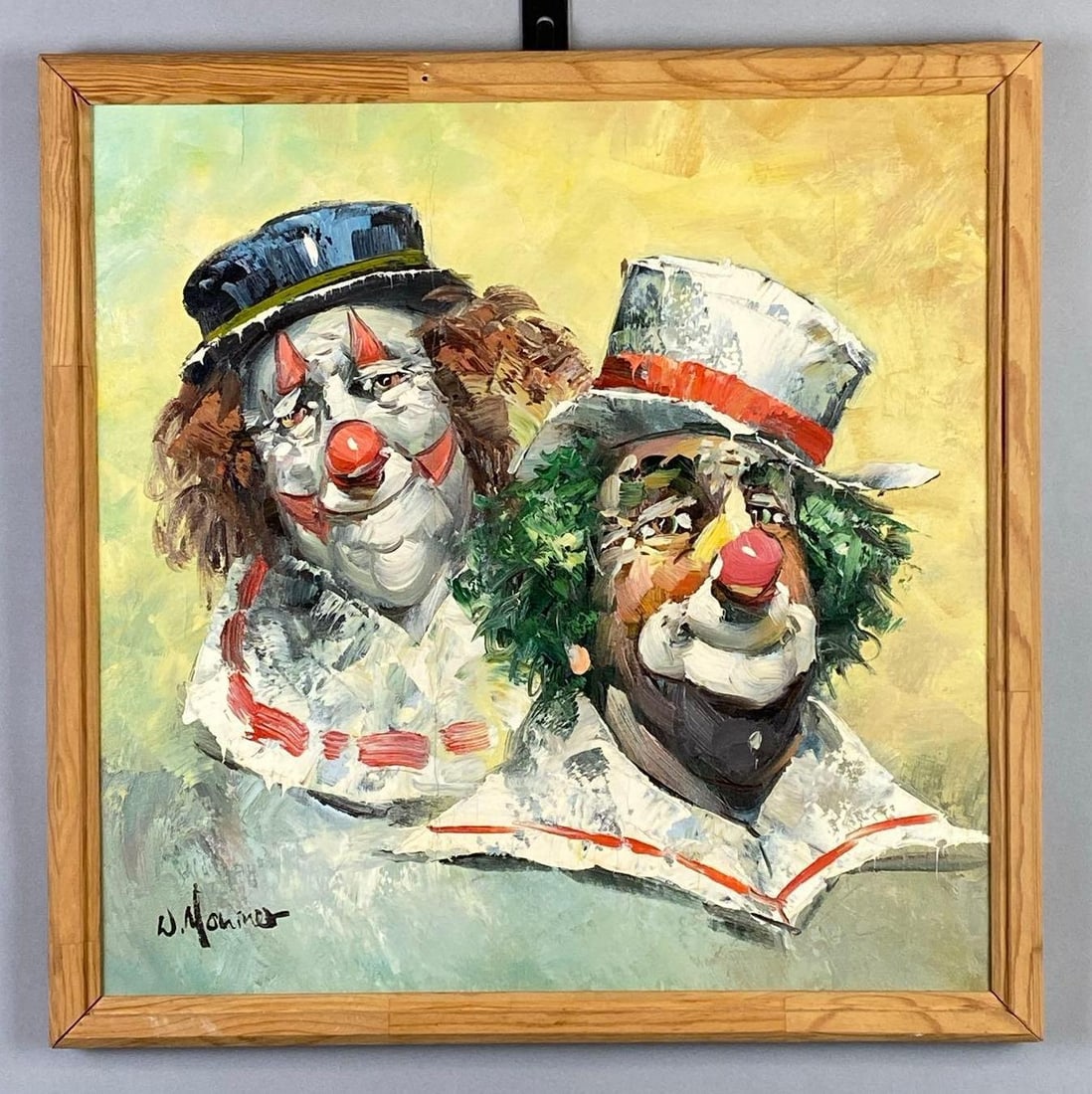 William Moninet Portrait of a Clown Oil Painting on Canvas: Artists signature in bottom left corner, Some craquelure,Frame measures 21 1/2 x 21 1/2 inches, Canvas measures 20 x 20 inches.