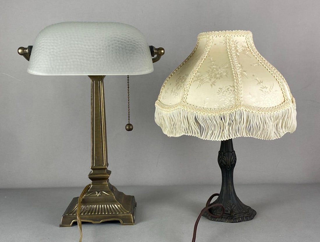 Group of 2 Desk Lamps: in working condition, one silk shade and one frosted shade, largest measures 15 1/2 inches H x 11 inches W x 9 inches D