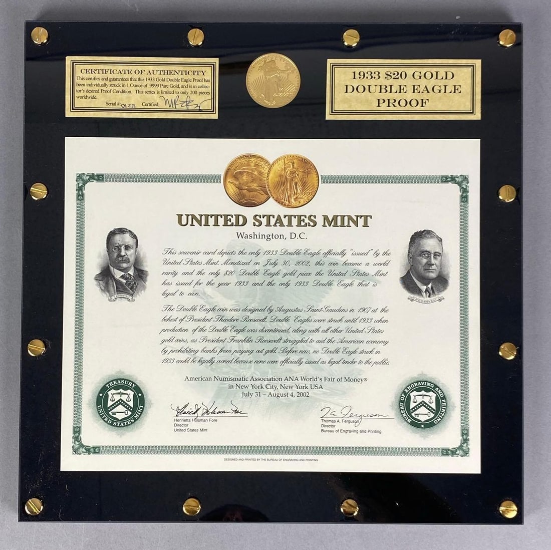 1933 LE $20 Gold Double Eagle .9999 Pure Gold 1 oz Proof Plaque: Limited edition No. 125 of 200, with COA, measures 12 inches H x 12 inches W