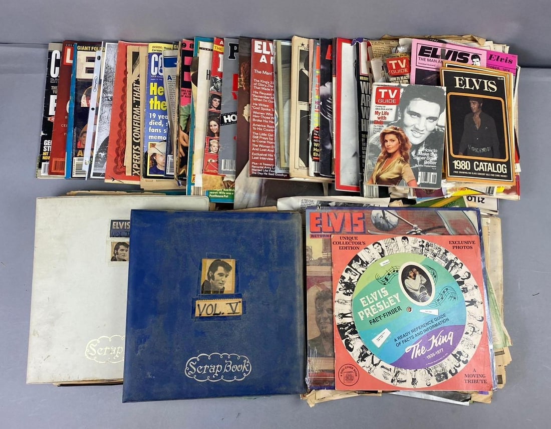 Group of Assorted Elvis Presley Magazines and More: Includes Scrap booking Albums, assorted Newspaper clippings, and more. Largest measures L 12 x W 12 inches. Rips and Tears Throughout.