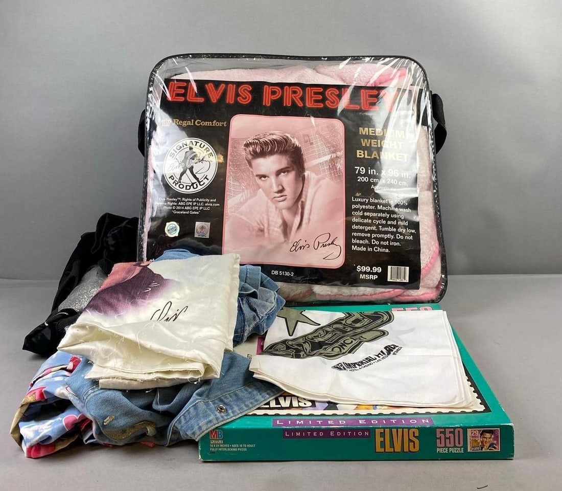 Group of Assorted Elvis Presley Jackets and More: Includes 79 x 96 inches median weight blanket, puzzles, and more. Jackets sizes are size 42