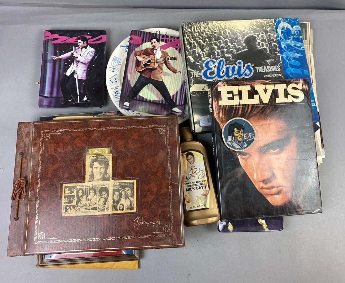 Group of Assorted Elvis Presley Memorabilia: Includes Plates, Photos, and More. Largest measure L 10 x W 8 inches.