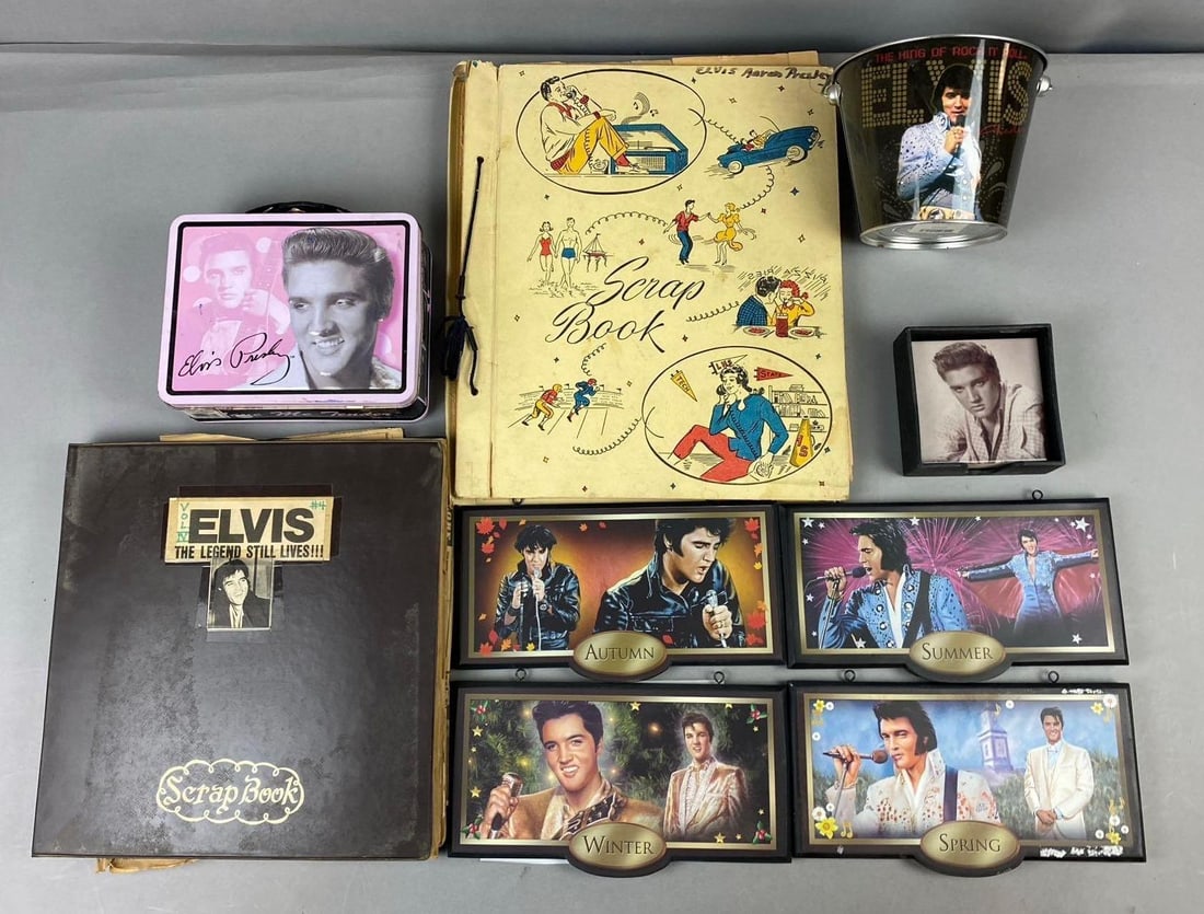 Group of Assorted Elvis Presley Memorabilia: Includes Scrap books, Coasters, and more. Largest measures L 12 x W 12 inches.