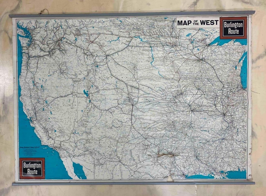 Burlington Route: Map of The West: Has rips and tears throughout. Measures L 62 x W 42 inches.