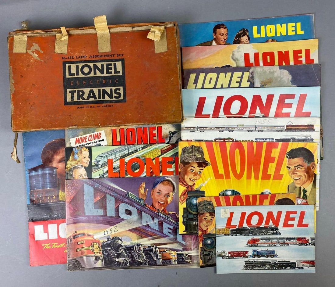 Group of Assorted Vintage Lionel Trains Catalogs and More: Includes 1950s-1960s Catalogs and Replacement Bulbs. Largest measures L 14 x W 8 inches.