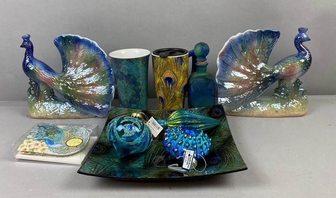 Group of Assorted Peacocks Themed Items: Includes Plate, Mugs, and more. Largest measures L 10 x W 10 inches.