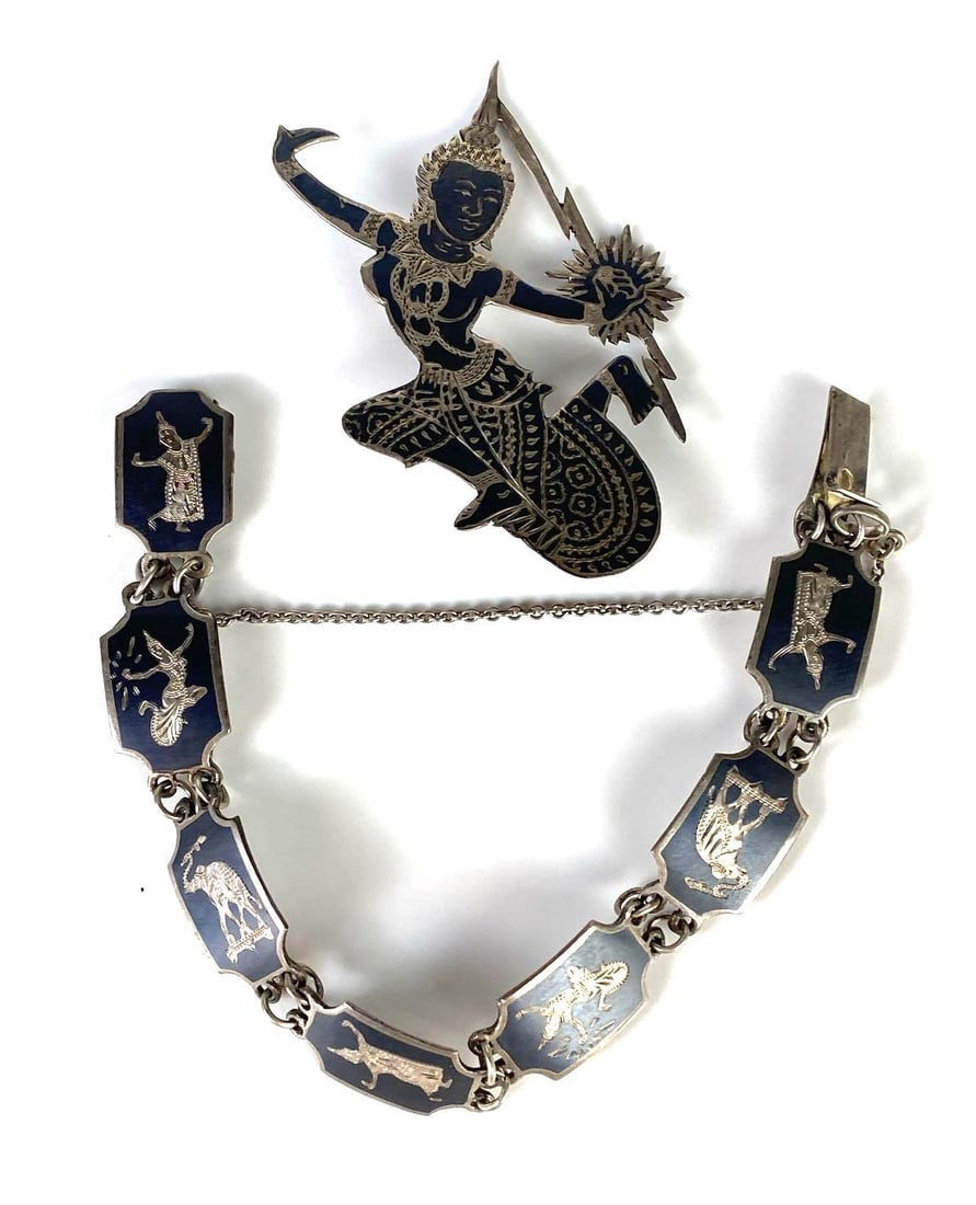 Sterling Silver Siam Goddess Pin and Bracelet: Total weight 22.5g, Pin measures 2 1/2 x 1 3/4 inches.