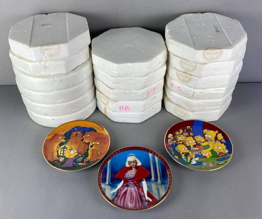 Group of Decorative Pop Culture Porcelain Plates: Includes The Simpsons, Barbie, Looney Tunes and More, largest shown measures 8 1/4 inches In diameter