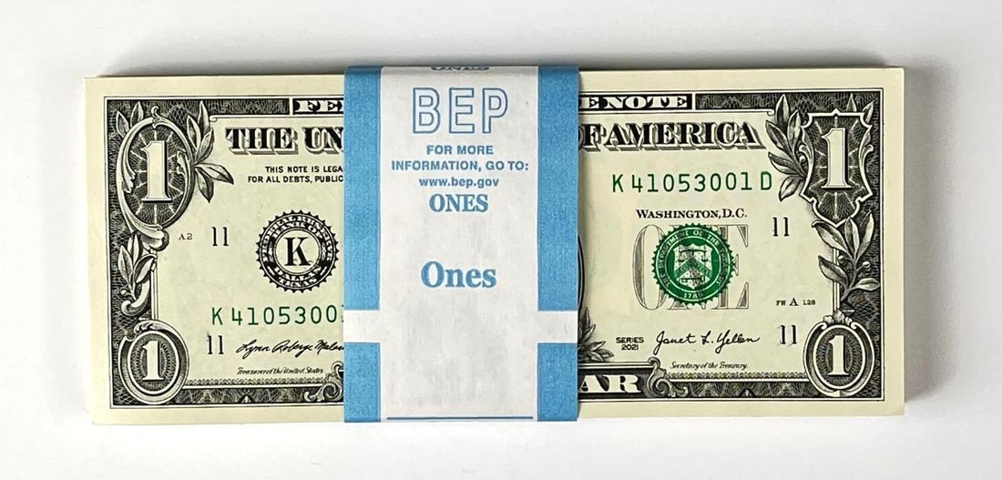 Group of 100 2021 US Mint $1 Consecutive Serial Numbered Bills (1 of 2)