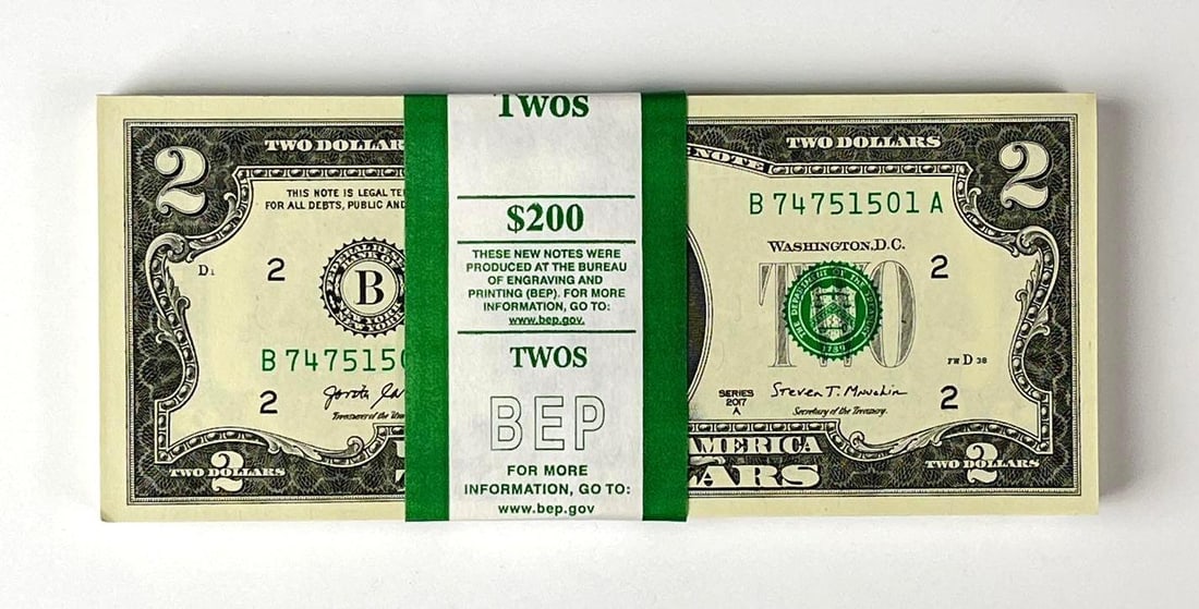 Group of 100 2017 US Mint $2 Consecutive Serial Numbered Bills (1 of 2)