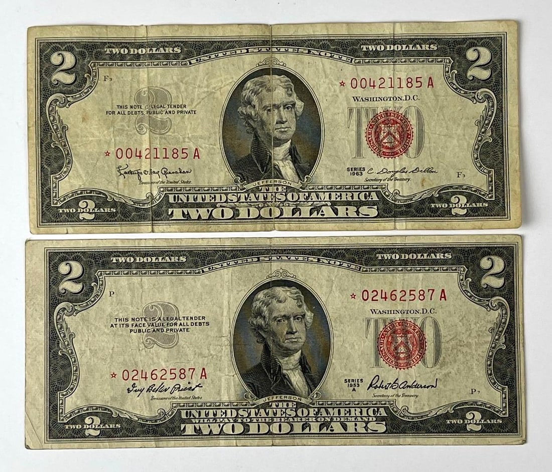 Group of 2 US $2 Red Seal Star Notes: Includes years 1963 and 1953.