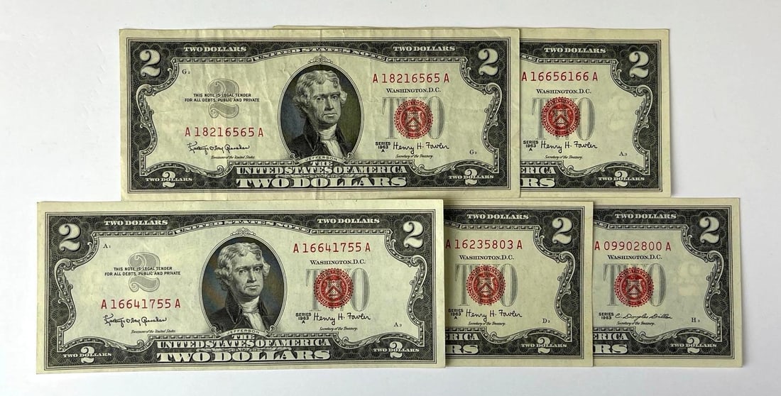 Group of 5 1963 US $2 Red Seal Notes (1 of 2)