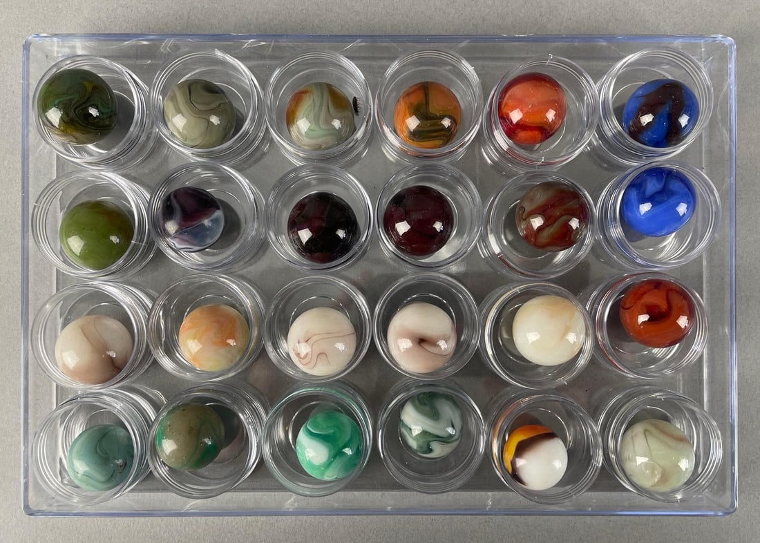 Group of 24 Vintage Glass Shooter Marbles: Some chips, largest measures 1.00"