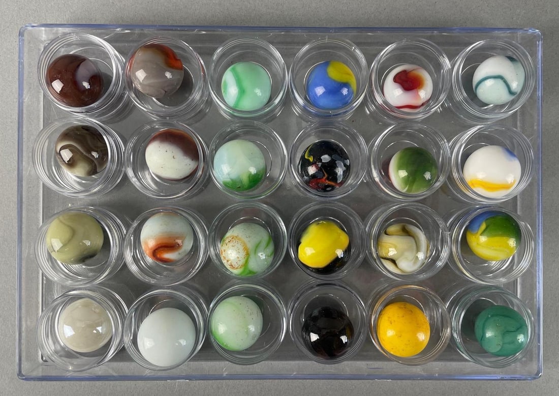 Group of 24 Vintage Glass Shooter Marbles: Some chips, largest measures 1.01"