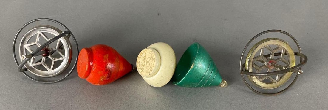 Group of Vintage Spinning Tops: Includes twin spin, gyroscopes measure 4" x 2 3/4"