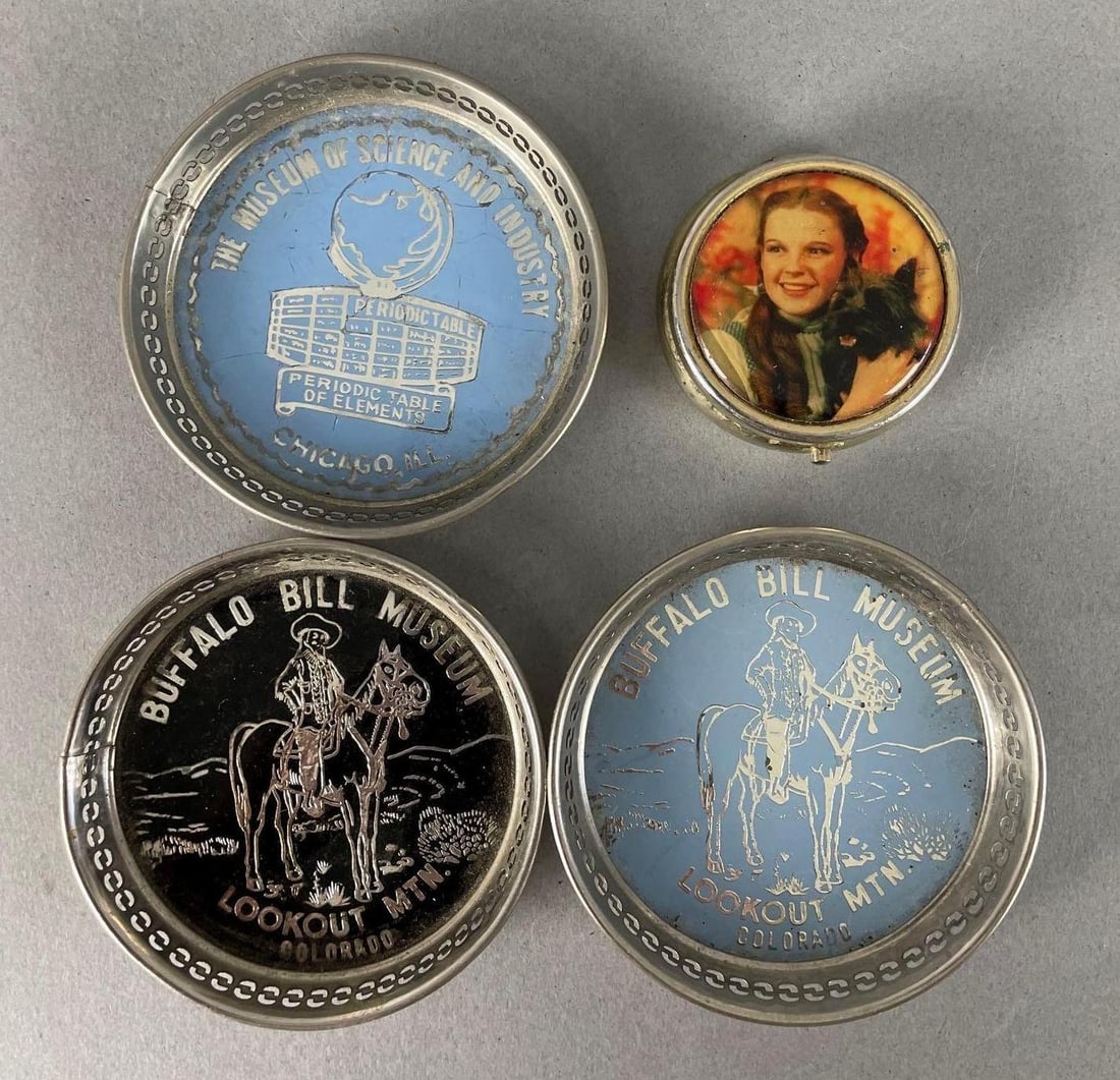 Group of Vintage Souvenir Metal Drink Coasters: Includes museum of science and industry, buffalo bill museum, 1998 Wizard of Oz pill organizer, coasters measure 3"