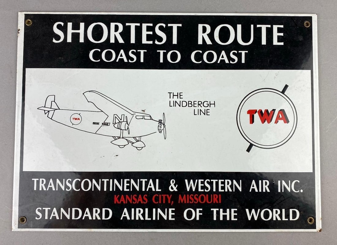 Transcontinental and Western Air Inc. Enamel Porcelain Sign: Measures L 14 x W 10 inches.