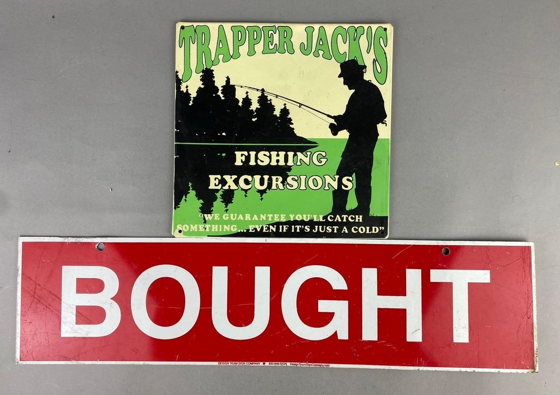 Group of 2 Wall Signs: Includes Fishing Sign and selling signs. Largest measures 24 inches in length.