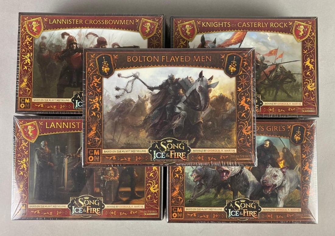 Group of Assorted A Song of Ice and Fire: Tabletop Miniatures Game Accessories: Made by Dark Sword Miniatures. Largest measure H 2 1/2 x W 6 x L 9 inches