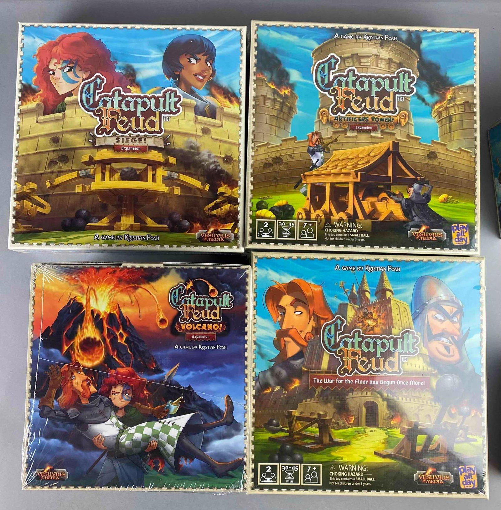 Catapult Feud Game with Expansion Packs: Includes Artificer Tower expansion, Siege Expansion, and more. Like new in original packaging. Largest measure H 3 x W 11 x L 11 inches.