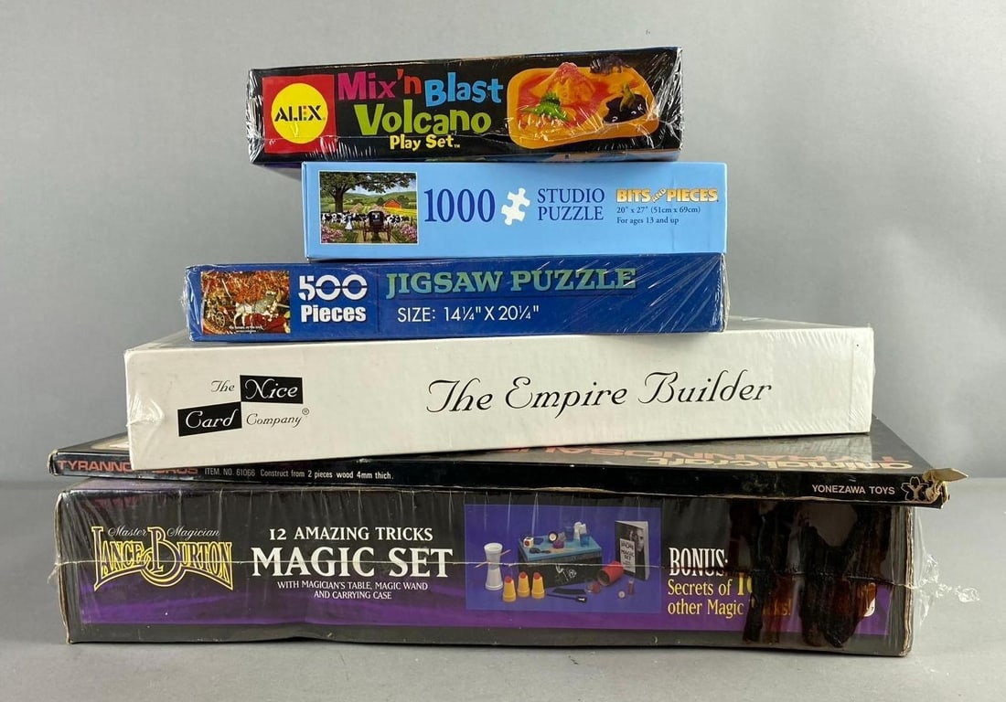 Group of Assorted Puzzles and More: Includes Magic Trick Set, Volcano Set, and more. Largest measure H 3 x W 11 1/2 x L 17 inches.