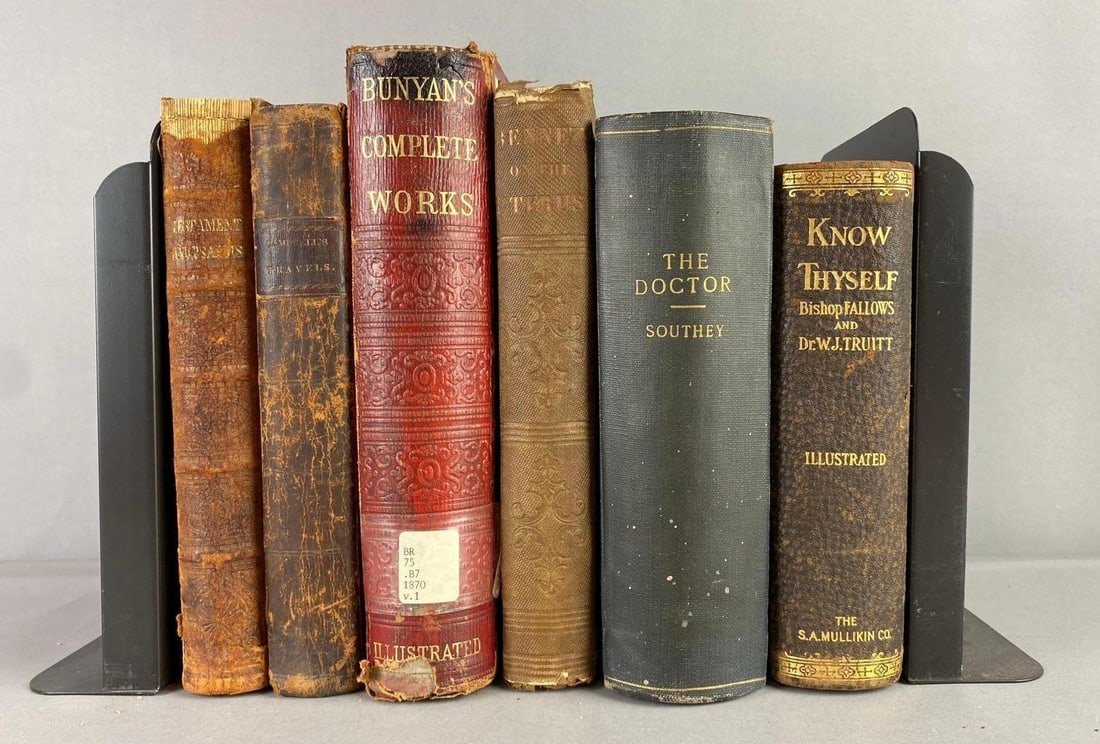 Group of Assorted Antique Books: Includes Know Thyself, The Doctor, and more. Largest measures L 10 x W 7 inches. Rips and tears throughout. Bookends not included.