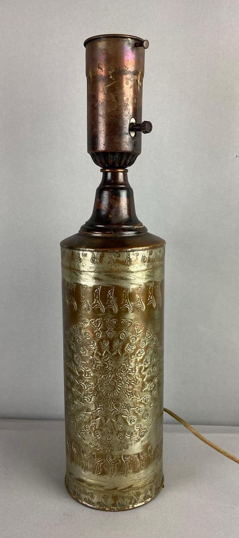 Vintage Etched Brass Cylinder Table Lamp: Untested. Measures 20 inches in length.