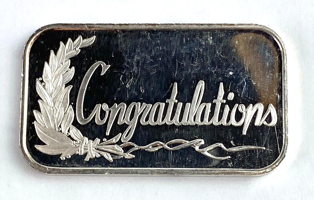 1990 Silvertowne 1 Oz .999 Fine Silver Congratulations Ingot/ Bar (1 of 2)