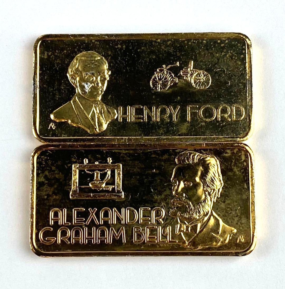 Group of 2 Gold Plated Our Greatest Americans 1 Oz .999 Fine Silver Ingots/ Bars: Includes Alexander Graham Bell and Henry Ford