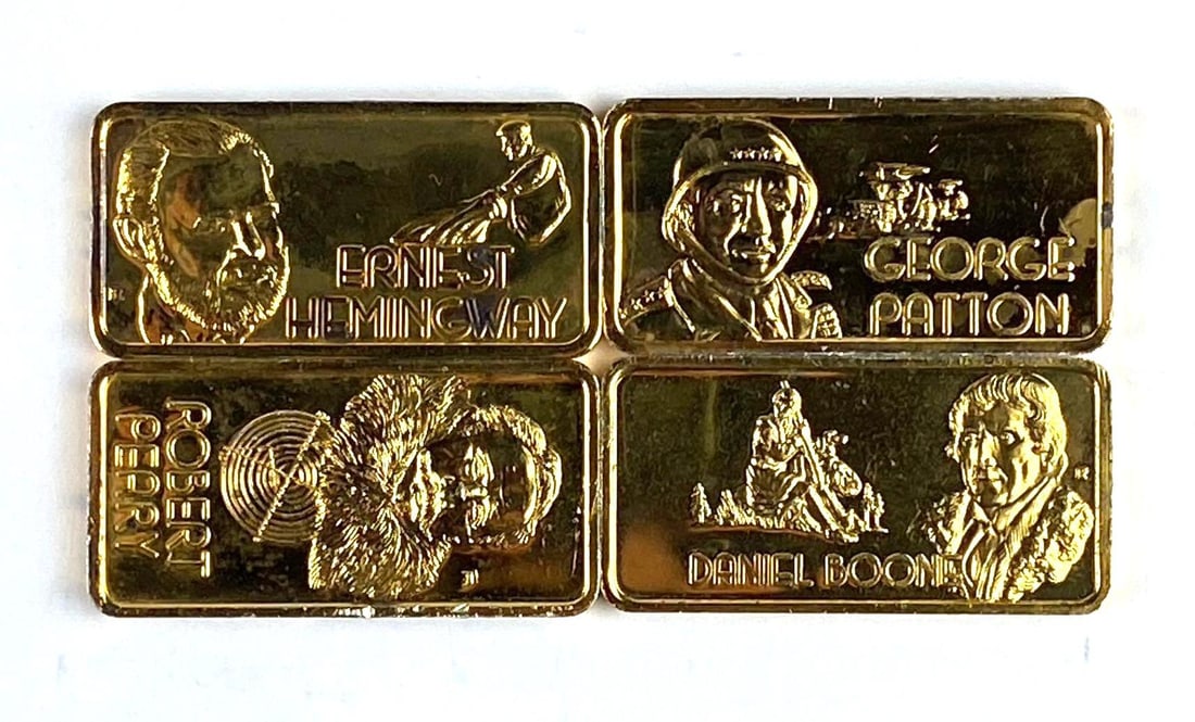 Group of 4 Gold Plated Our Greatest Americans 1 Oz .999 Fine Silver Ingots/ Bars: Includes Ernest Hemingway, George Patton, and more.
