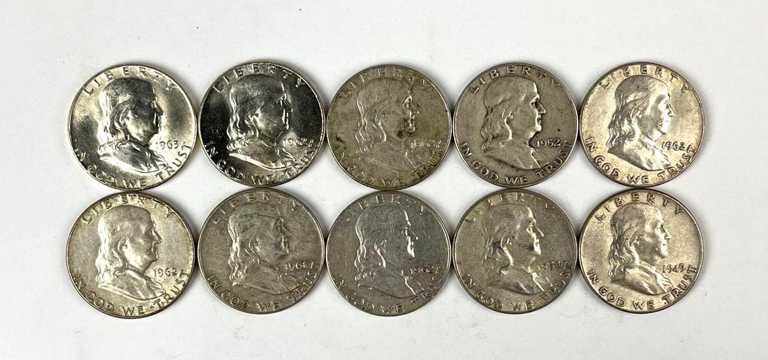 Group of 10 US Franklin 90 % Silver Half Dollars (1 of 1)